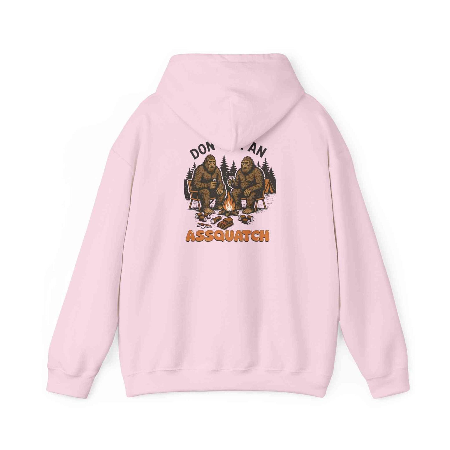 pink unisex cozy Bigfoot hoodie with Sasquatch campfire design on back