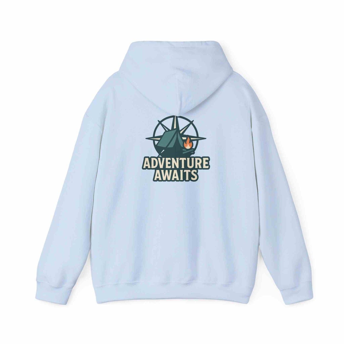Light blue unisex hoodie with Adventure Awaits camping and compass design on the back, perfect casual travel wear for adventure lovers