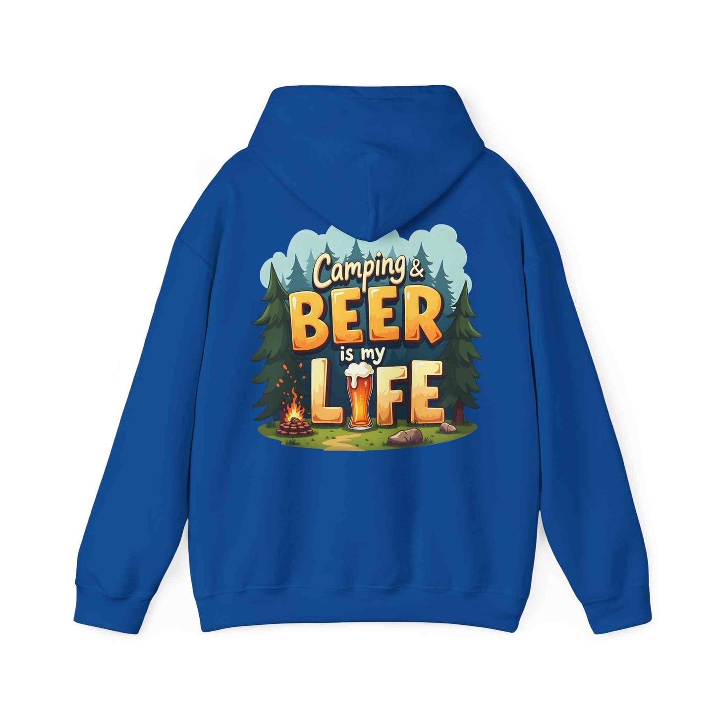 Blue Beer Life Camping Hoodie with outdoor and beer-themed graphic design, unisex heavy blend sweatshirt for campers and beer lovers