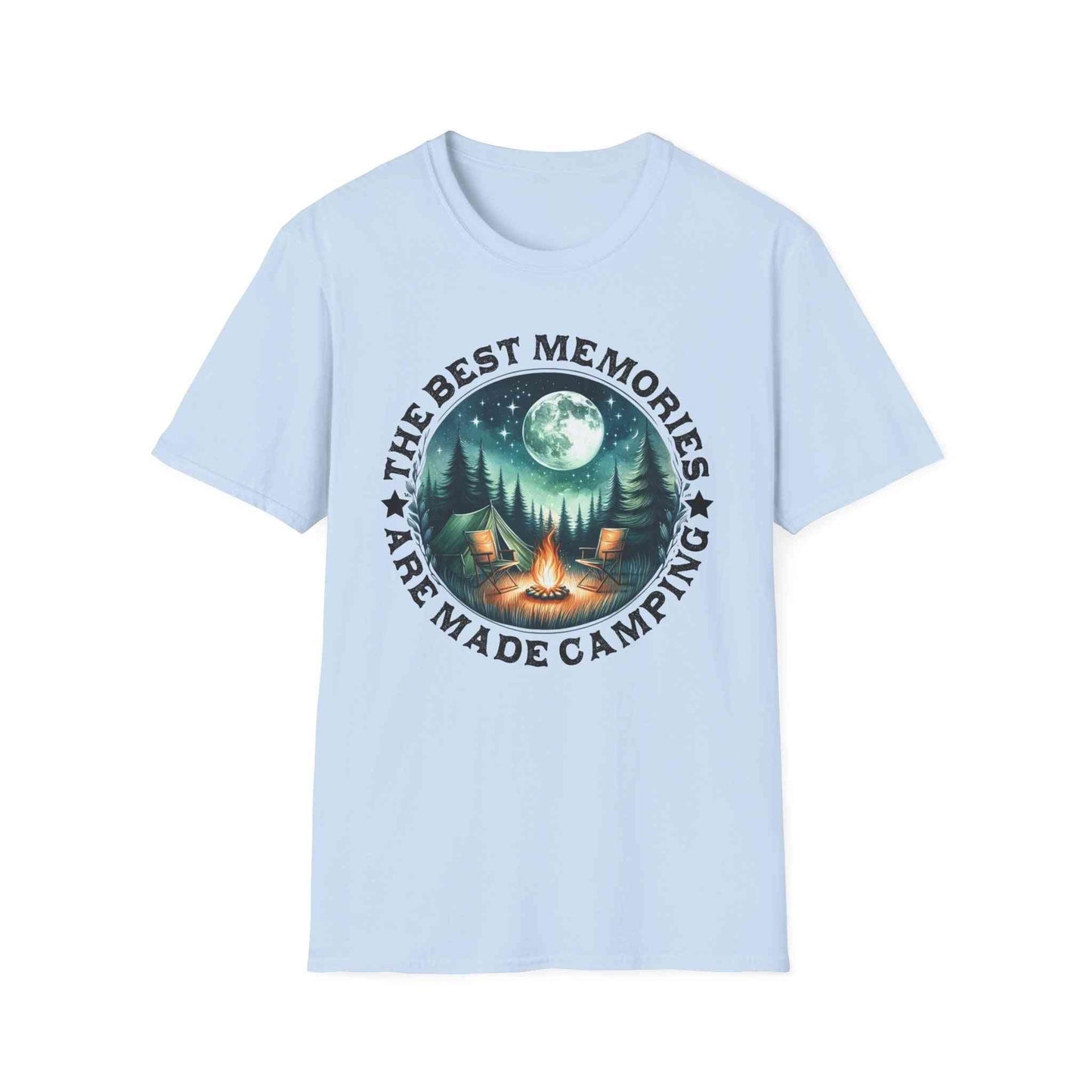 Camping Memories Unisex Softstyle T-Shirt with camping scene and campfire design on light blue outdoor tee
