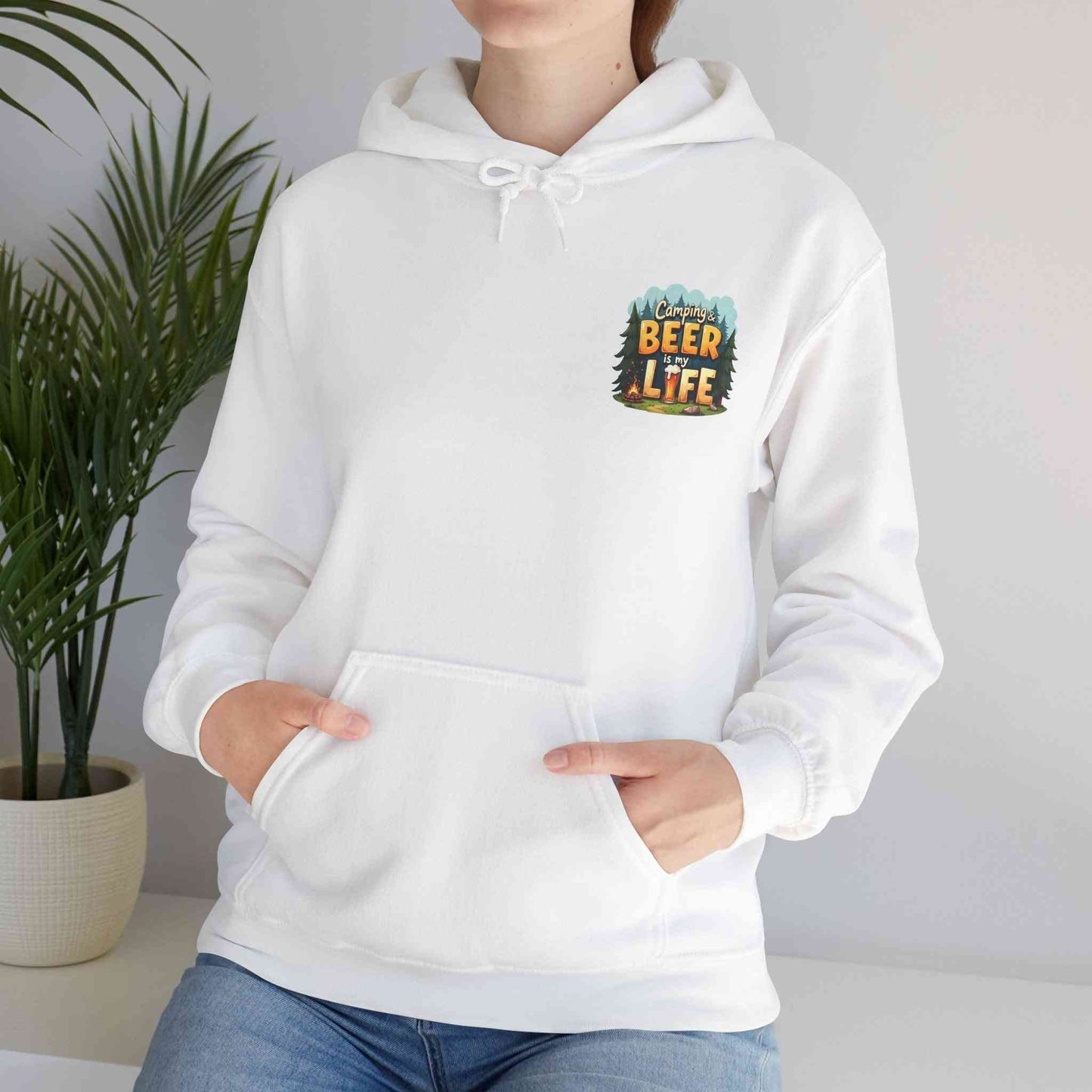 Unisex white Beer Life Camping Hoodie with kangaroo pocket and adjustable hood, cozy outdoor sweatshirt for beer lovers and campers