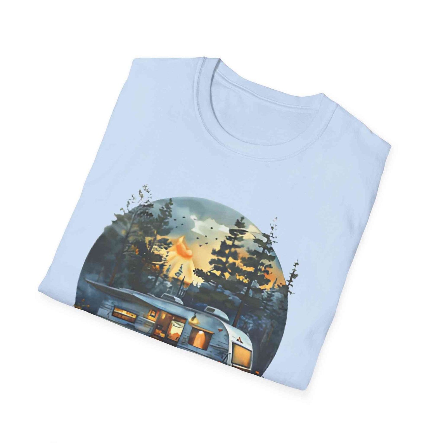Cozy Camper Unisex softstyle t-shirt with camping trailer and forest design on light blue fabric