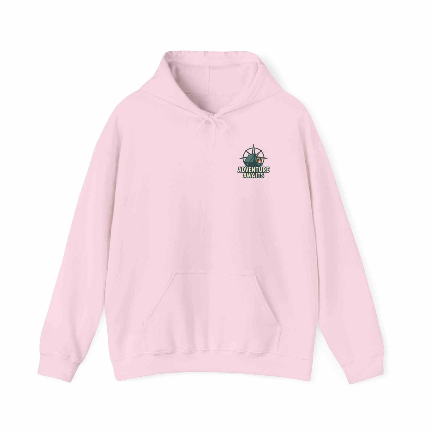 Light pink Adventure Awaits unisex hoodie with compass logo, perfect gift for adventure lovers and travel enthusiasts.