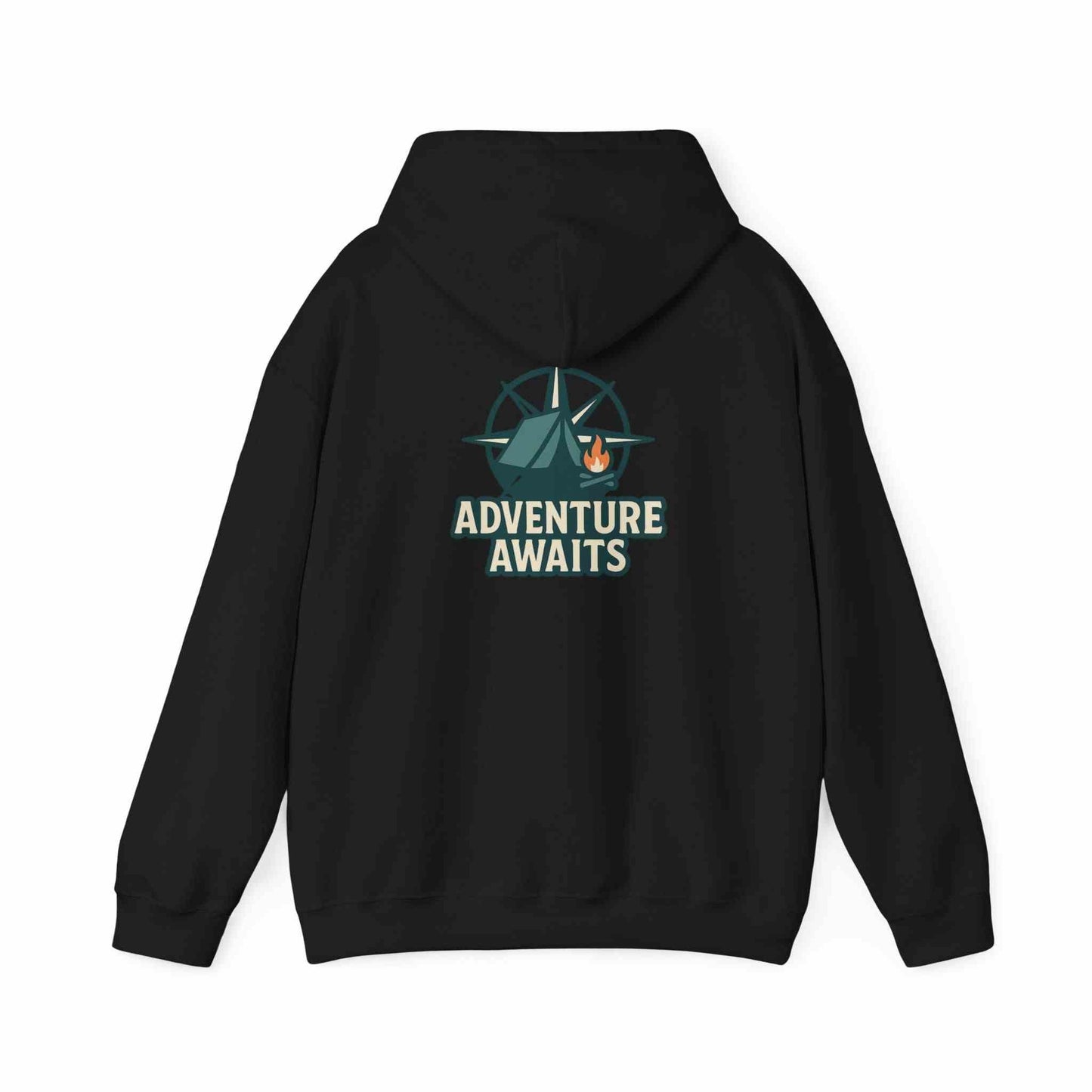 Black unisex hoodie with "Adventure Awaits" camping design for travel and casual wear