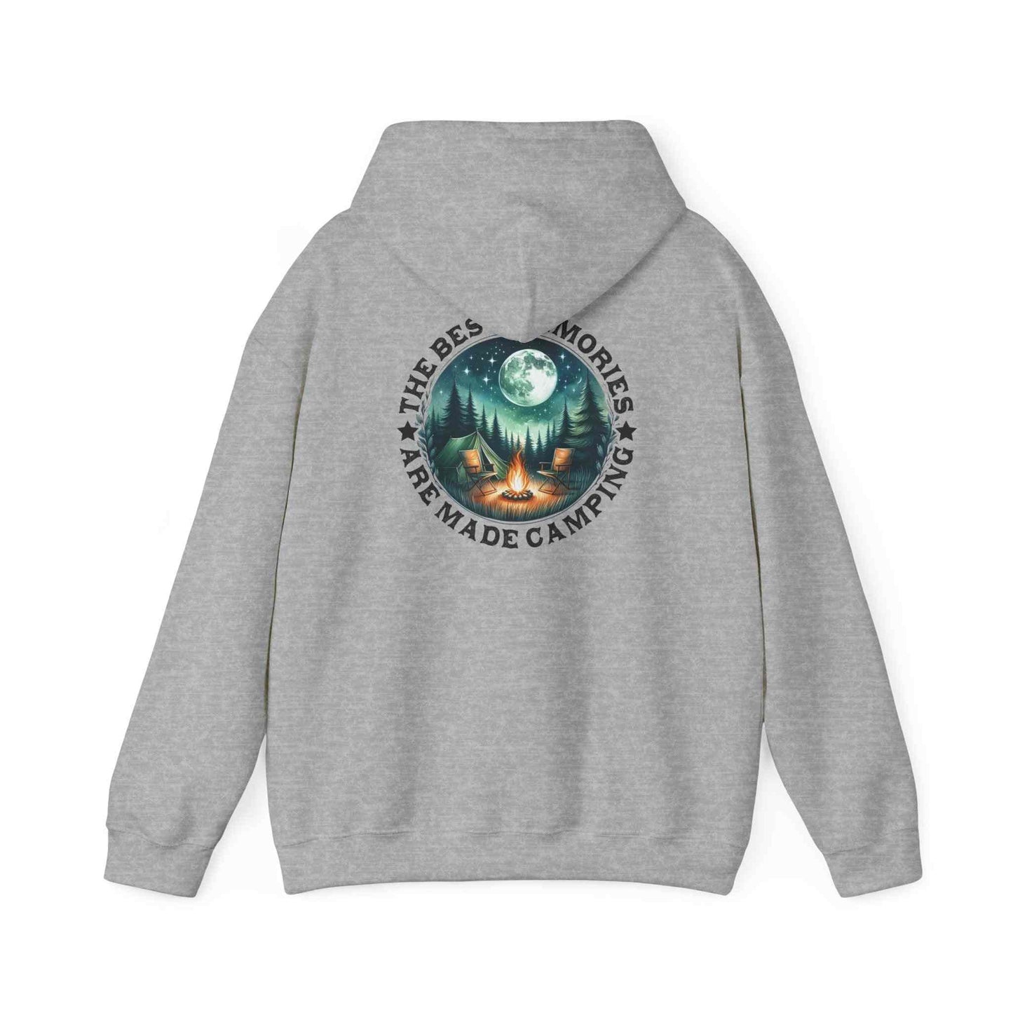 Cozy gray unisex sweatshirt with camping-themed graphic and "The Best Memories Are Made Camping" text on back, ideal for camping adventure sweatshirt