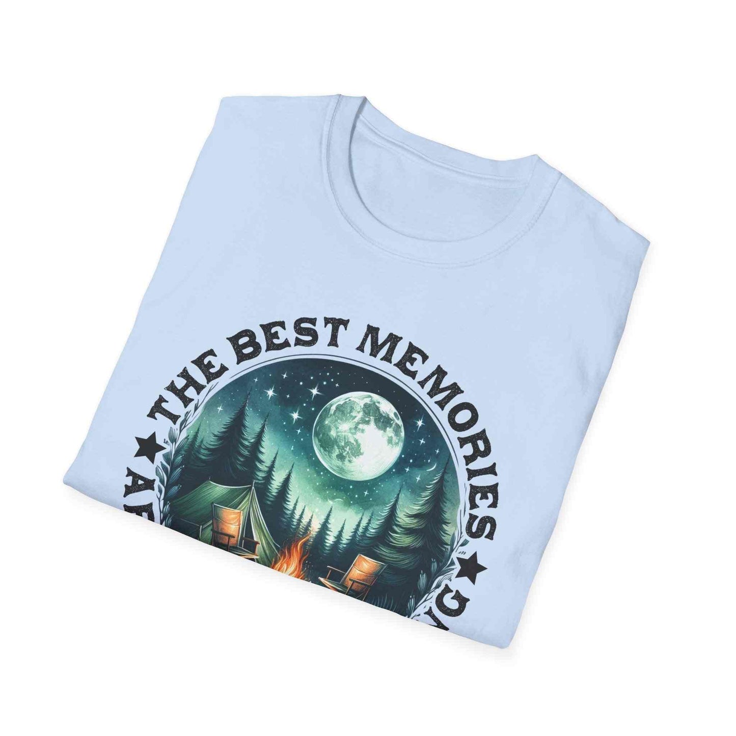 Light blue Camping Memories Unisex Softstyle T-Shirt with outdoor campfire and forest moon design