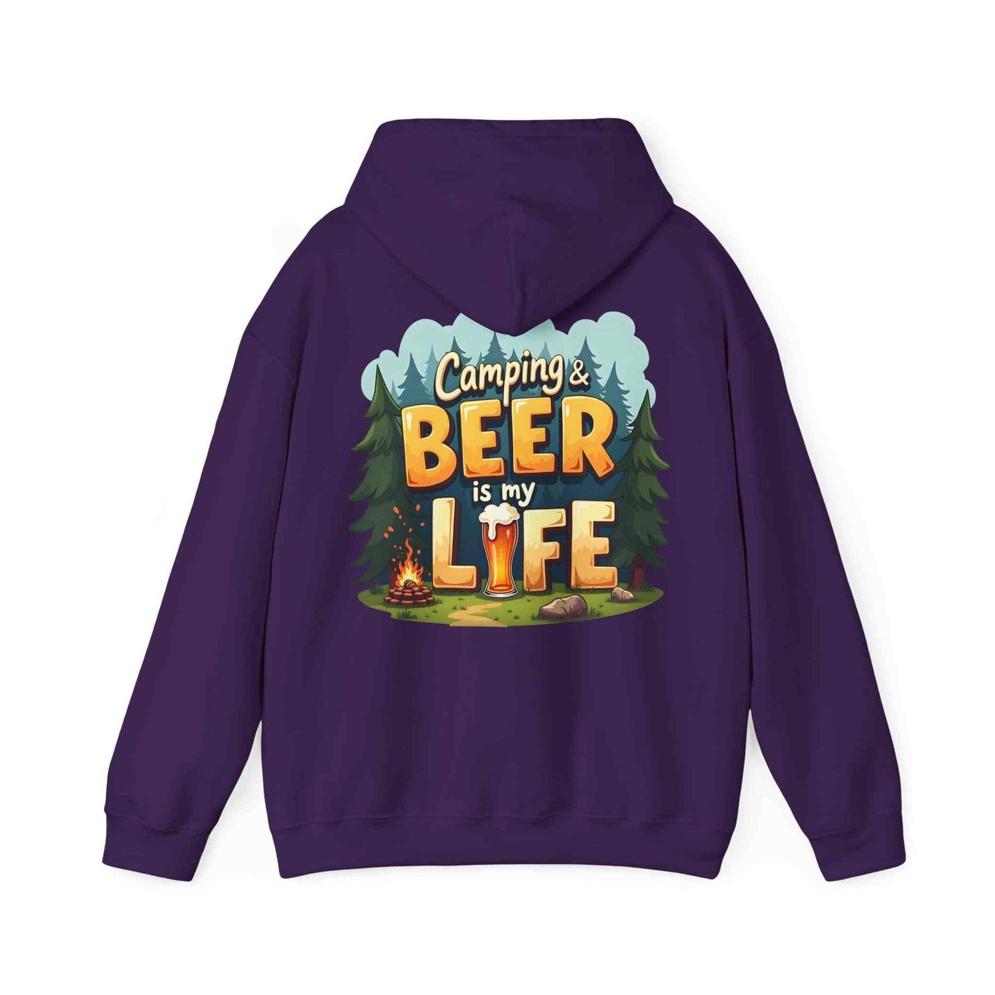 Unisex purple Beer Life Camping Hoodie with camping and beer graphic design on back, heavy blend sweatshirt for outdoor and casual wear