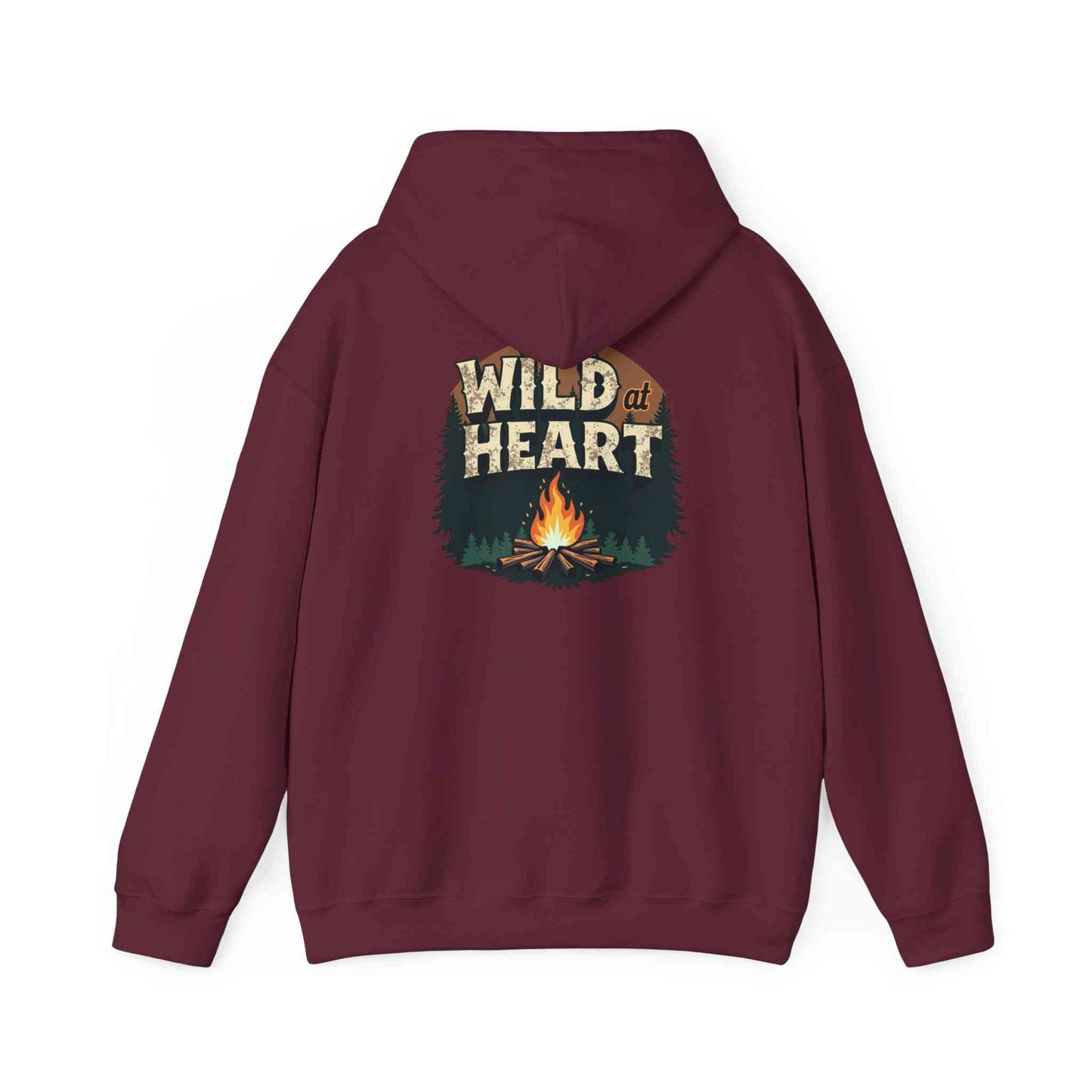 Maroon Wild Heart Unisex Hoodie with campfire and forest graphic on back, cozy camping sweatshirt
