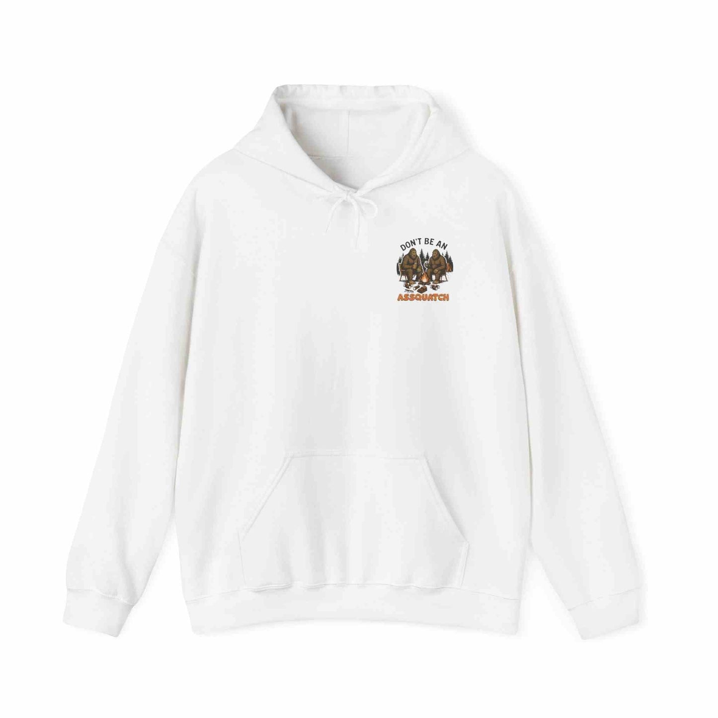 White Cozy Bigfoot Hoodie with Sasquatch design, unisex outdoor sweatshirt for nature lovers