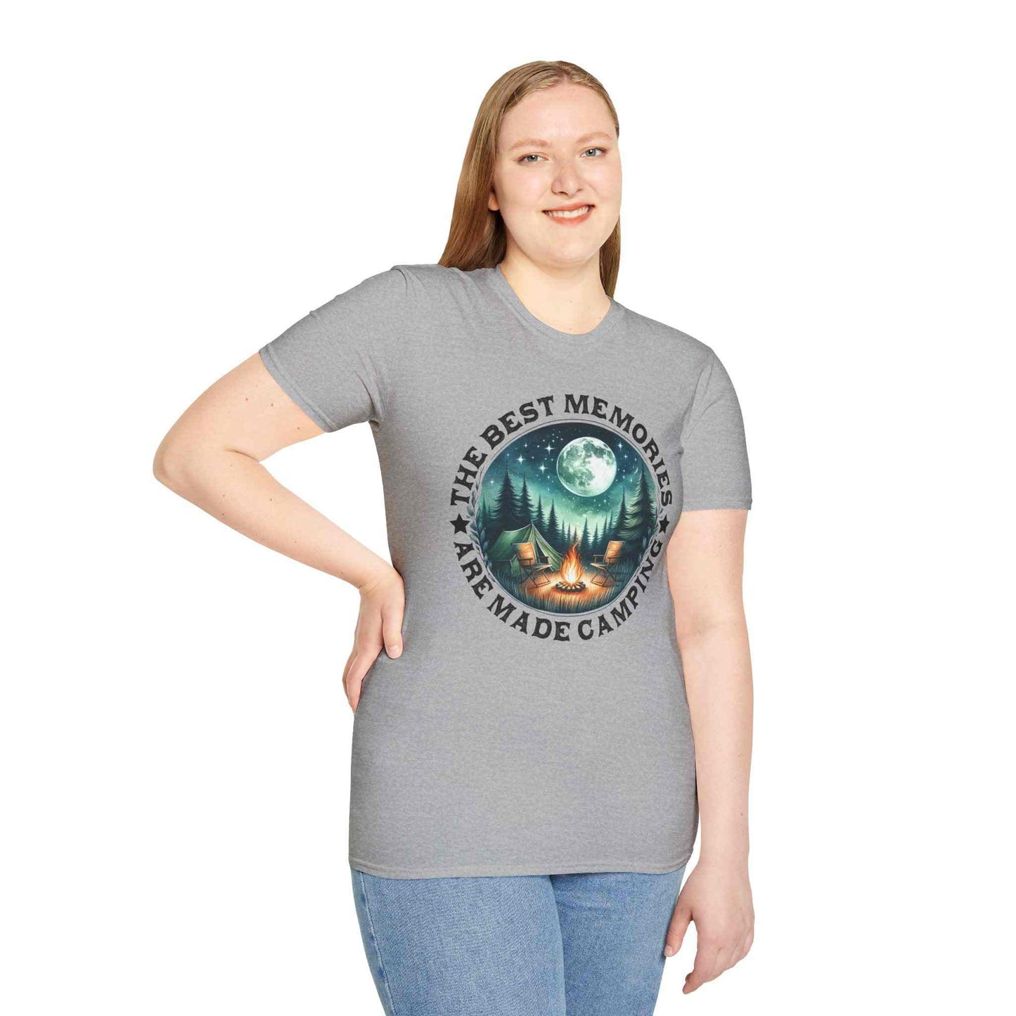 Camping Memories Unisex softstyle t-shirt with outdoor camping design and comfortable fit