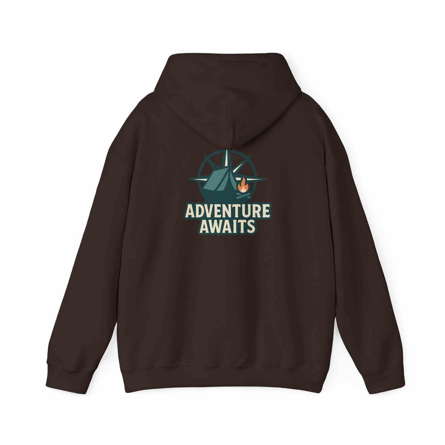 Adventure Awaits Unisex Hoodie with camping graphic and text on back in dark brown color