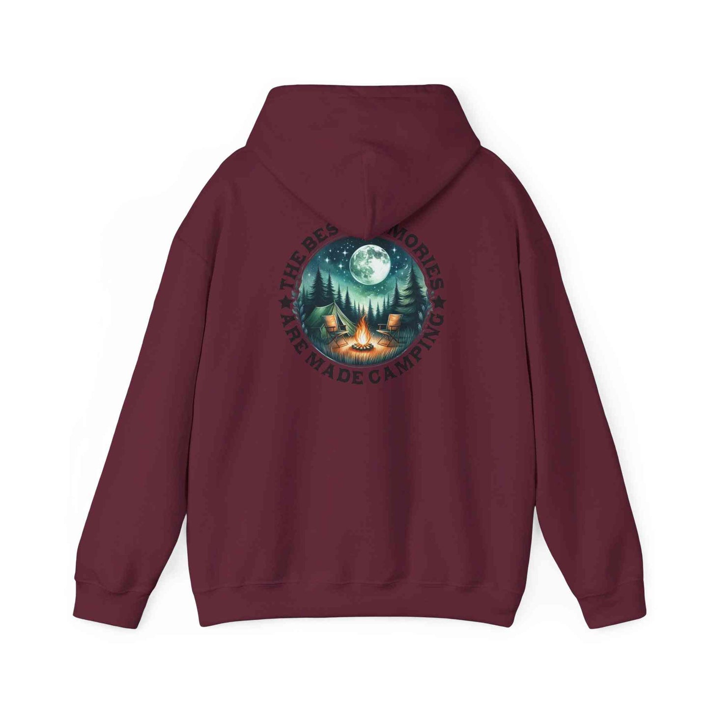 Maroon unisex camping adventure sweatshirt with graphic of tents and campfire under full moon