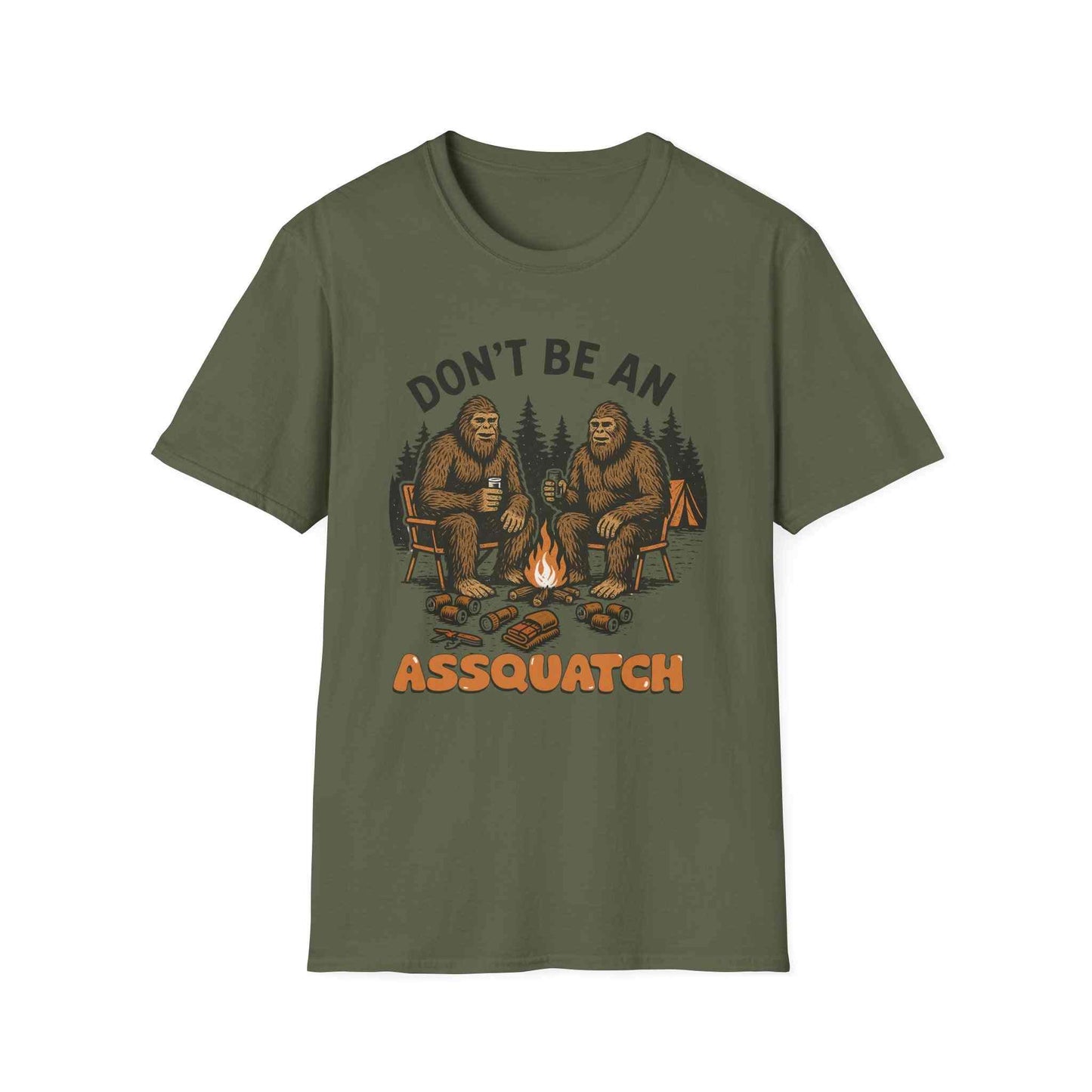 Funny Sasquatch Camping T-Shirt with Bigfoot design sitting by campfire on olive green unisex tee