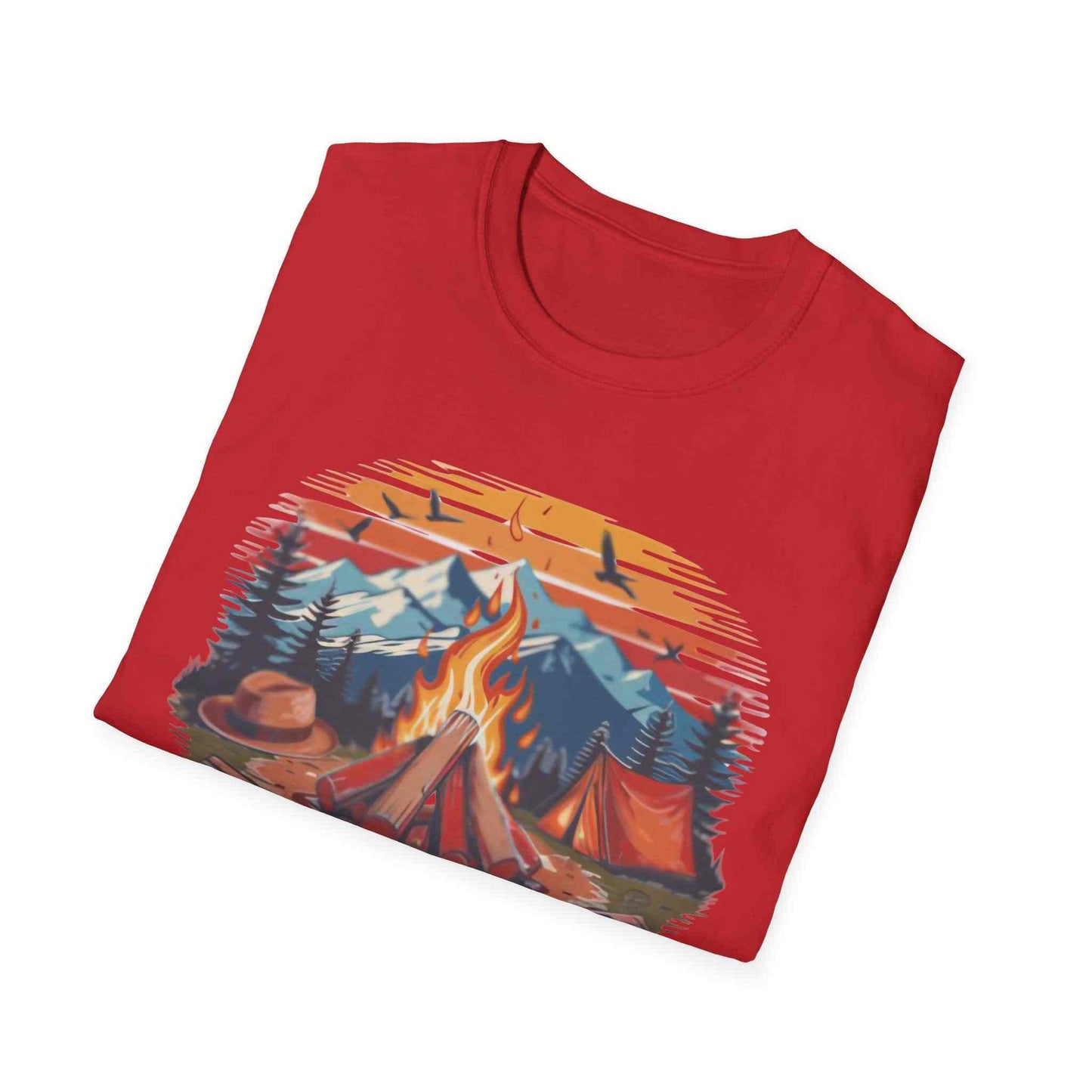 Campfire Vibes Unisex Softstyle T-Shirt with outdoor camping scene and mountains design