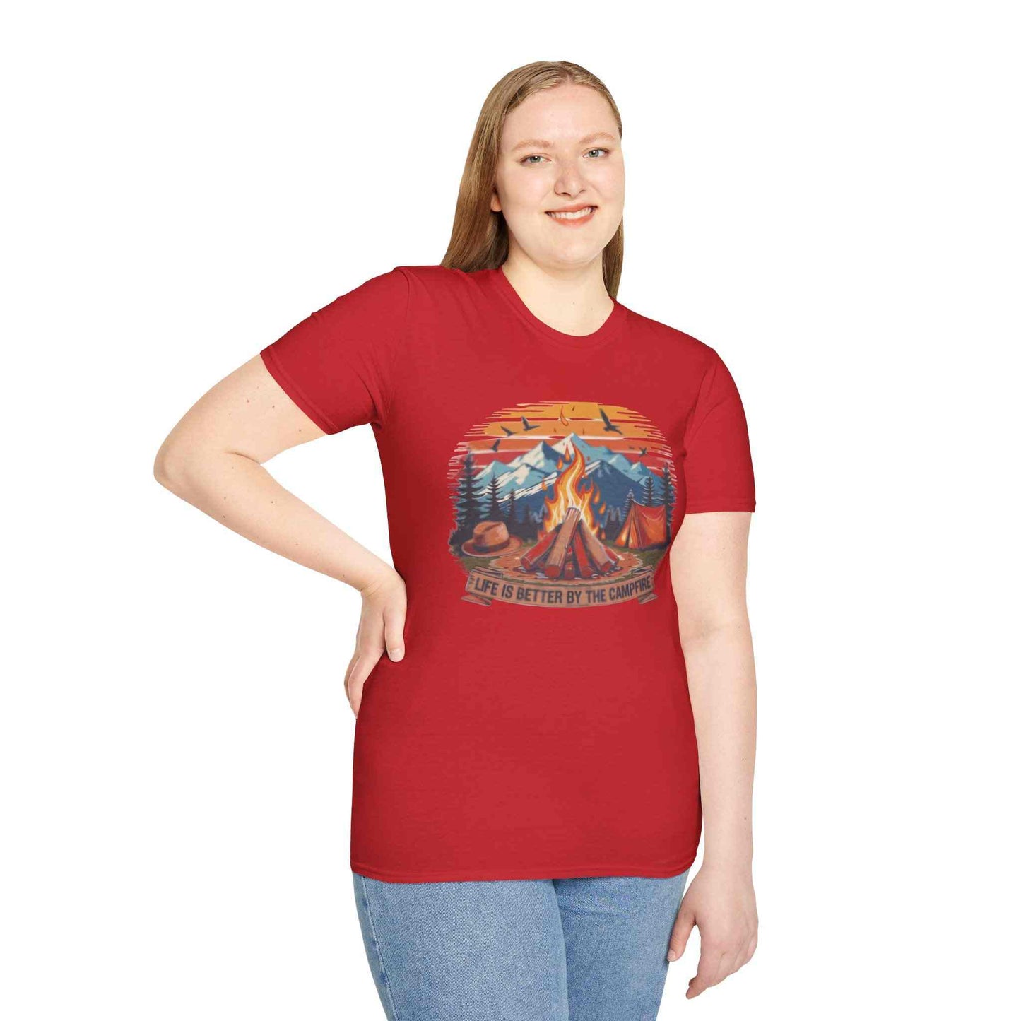 campfire vibes unisex softstyle t-shirt with outdoor campfire graphic on red tee worn by smiling woman