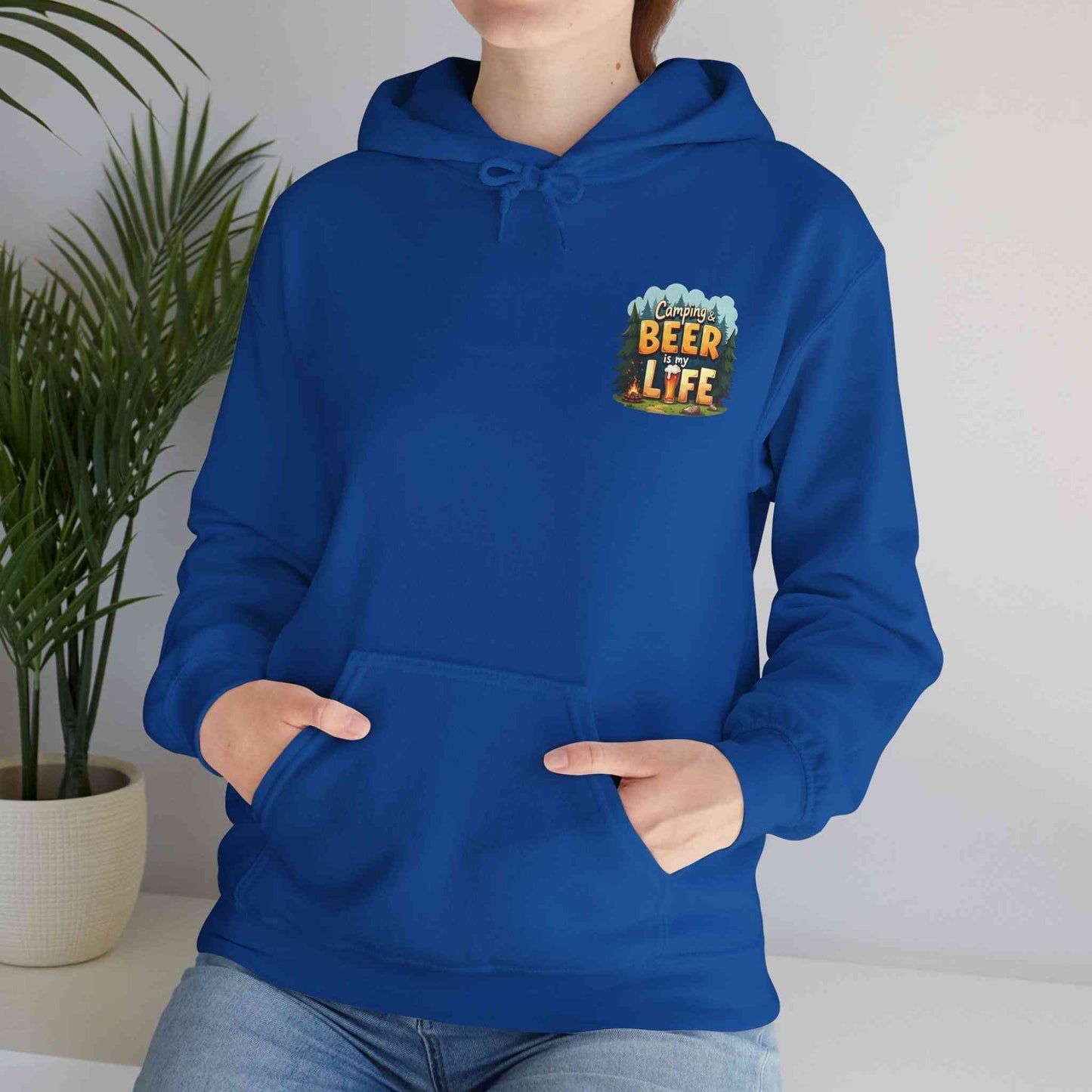 Unisex blue Beer Life Camping Hoodie with kangaroo pocket and adjustable hood, perfect for outdoor wear and beer lovers.