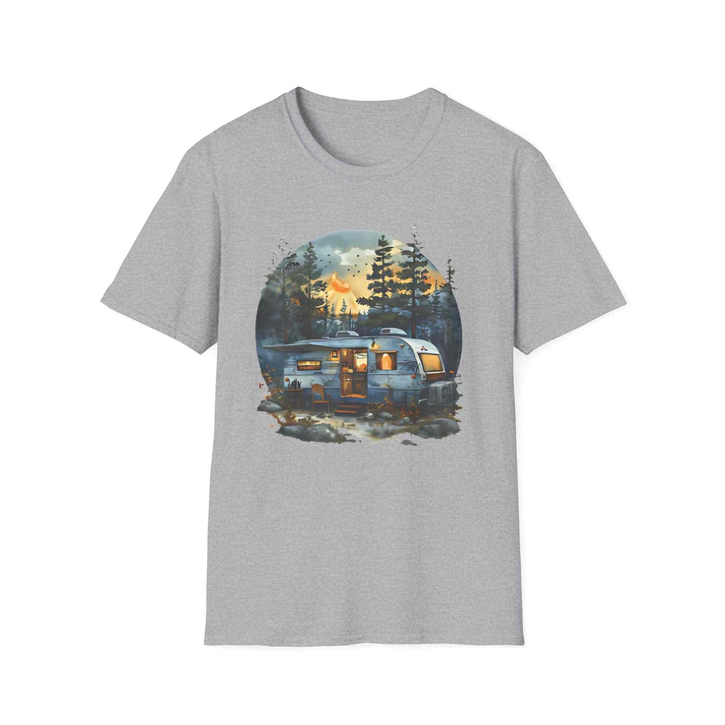 Cozy Camper Unisex softstyle gray t-shirt with vintage camper trailer and forest graphic design