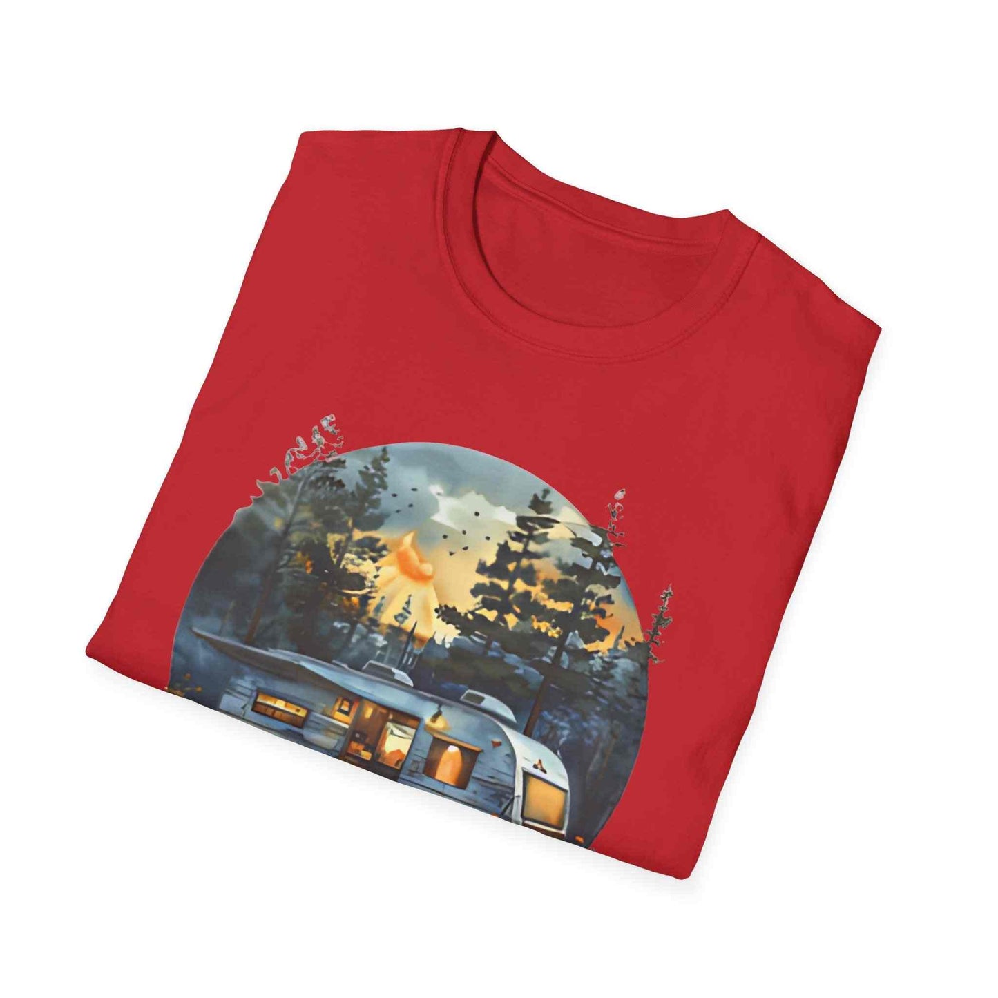 Cozy Camper Unisex red softstyle t-shirt with outdoor camper trailer graphic design