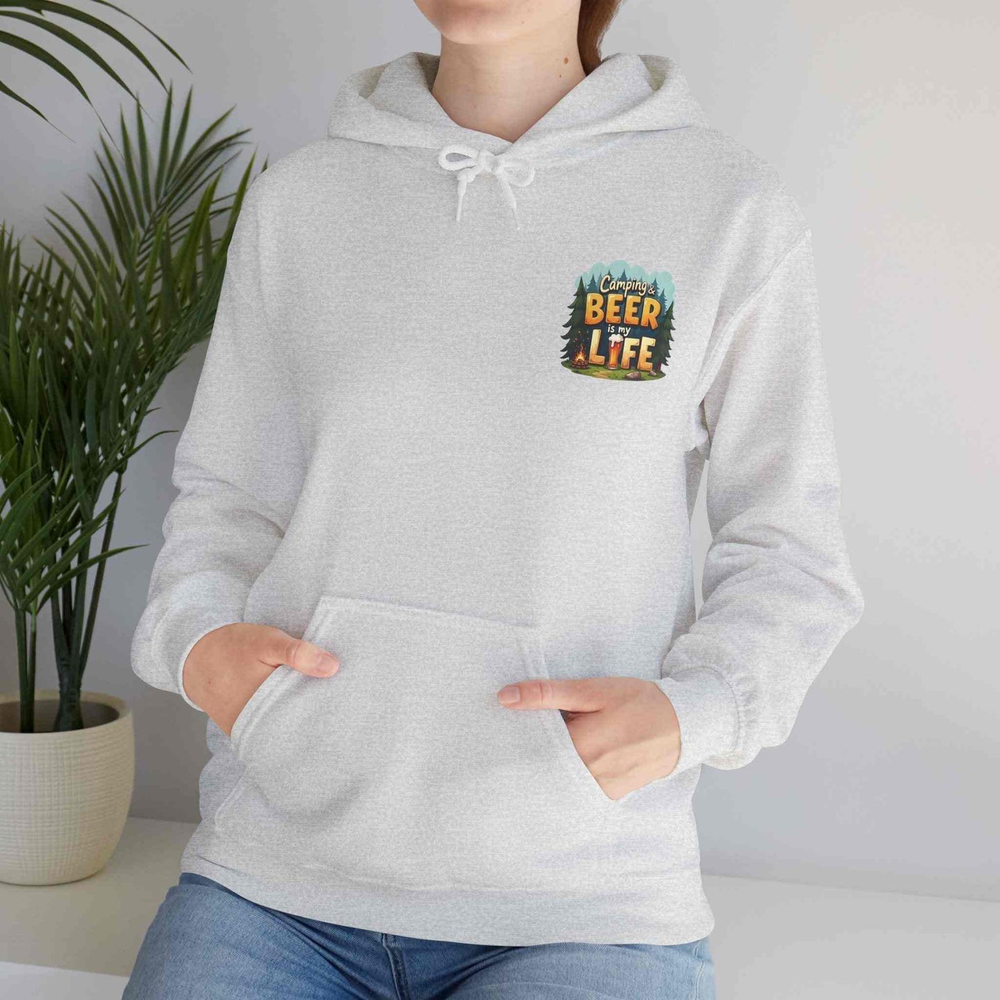 Unisex Beer Life Camping Hoodie with kangaroo pocket and adjustable hood, perfect for outdoor and casual wear