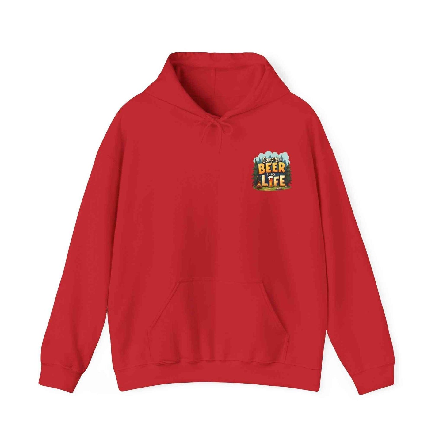Red unisex Beer Life Camping Hoodie with kangaroo pocket and adjustable hood for outdoor wear and beer lovers