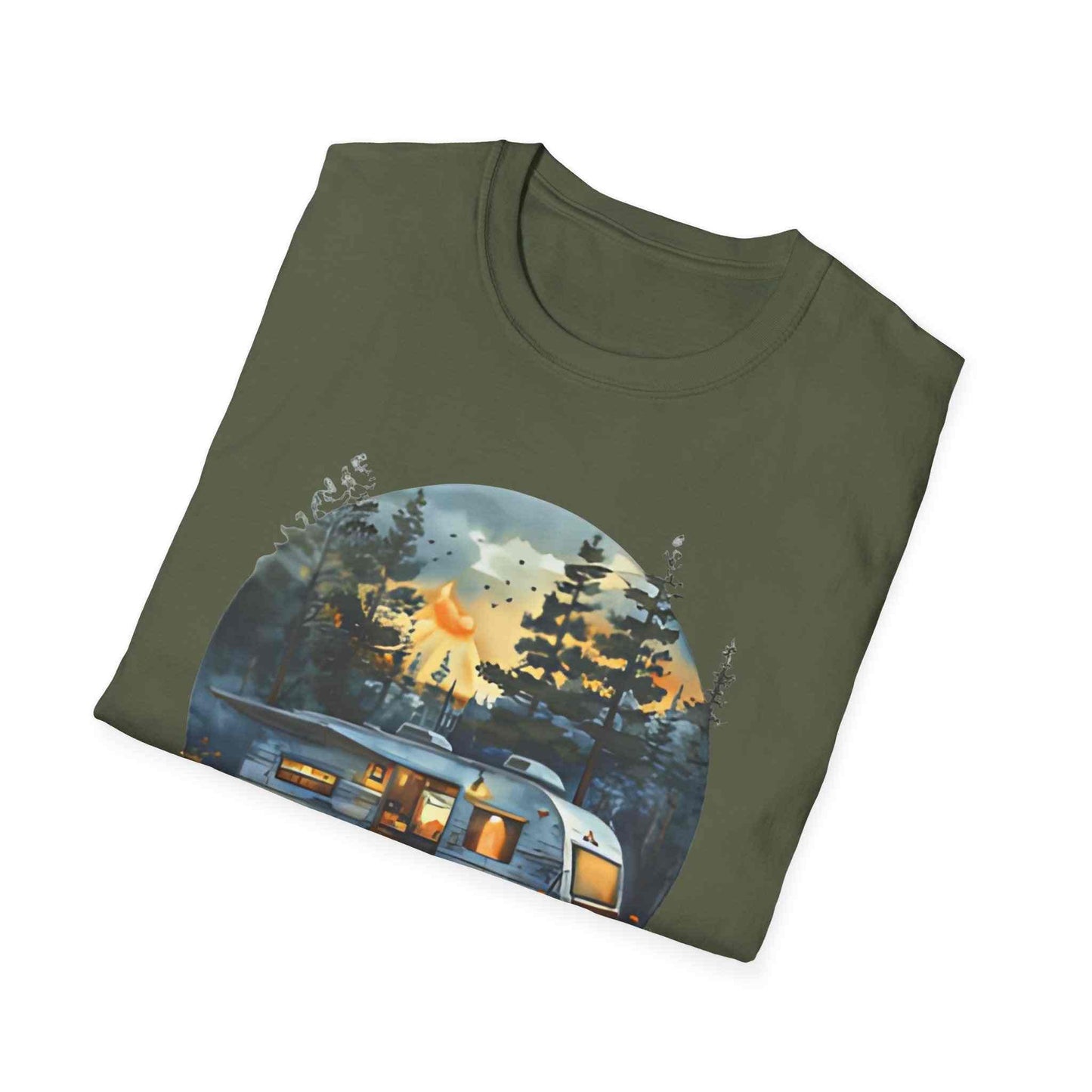 Cozy Camper Unisex green softstyle t-shirt with camper and forest sunset design