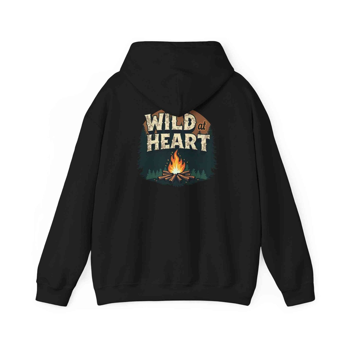 Black Wild Heart unisex hoodie with campfire graphic for cozy outdoor wear