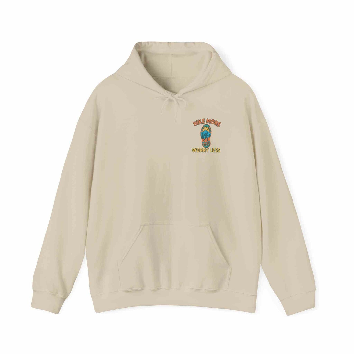 Unisex Heavy Blend™ Hooded Sweatshirt beige with Hike More Worry Less graphic, cozy outdoor hoodie for hiking and casual wear