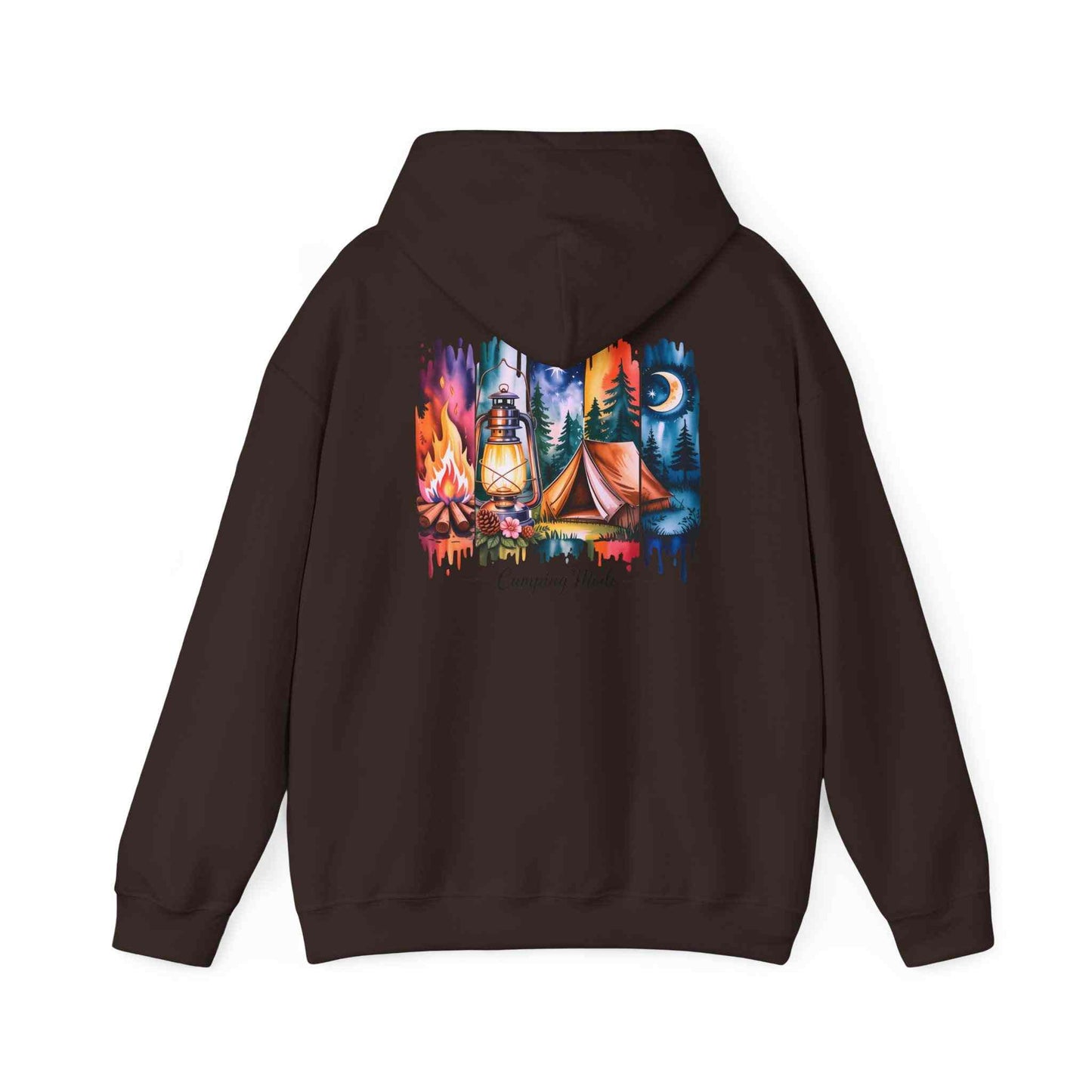 Unisex cozy camping hoodie with vibrant campfire, tent, and lantern graphic on the back, made from heavy blend fabric for warmth and comfort.