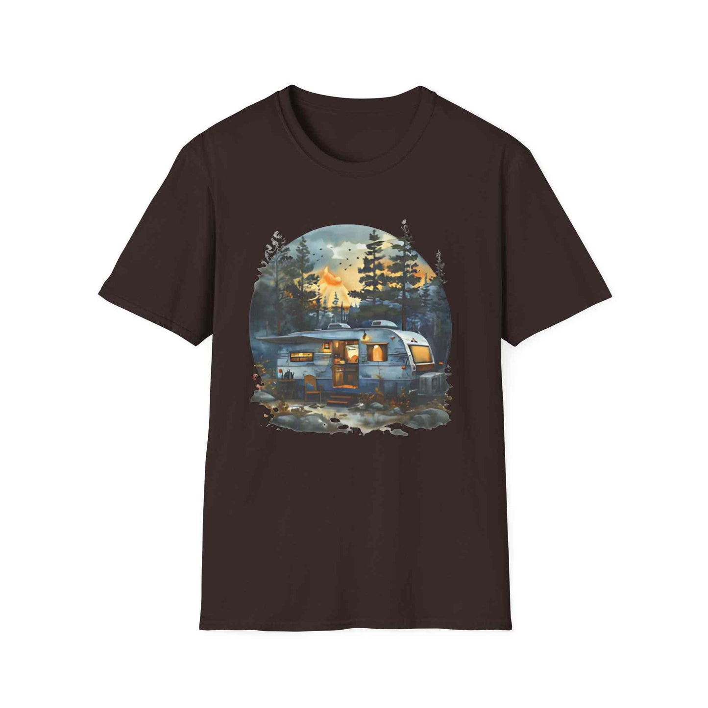 Cozy Camper Unisex Softstyle T-Shirt with camper trailer and nature scene print in dark brown
