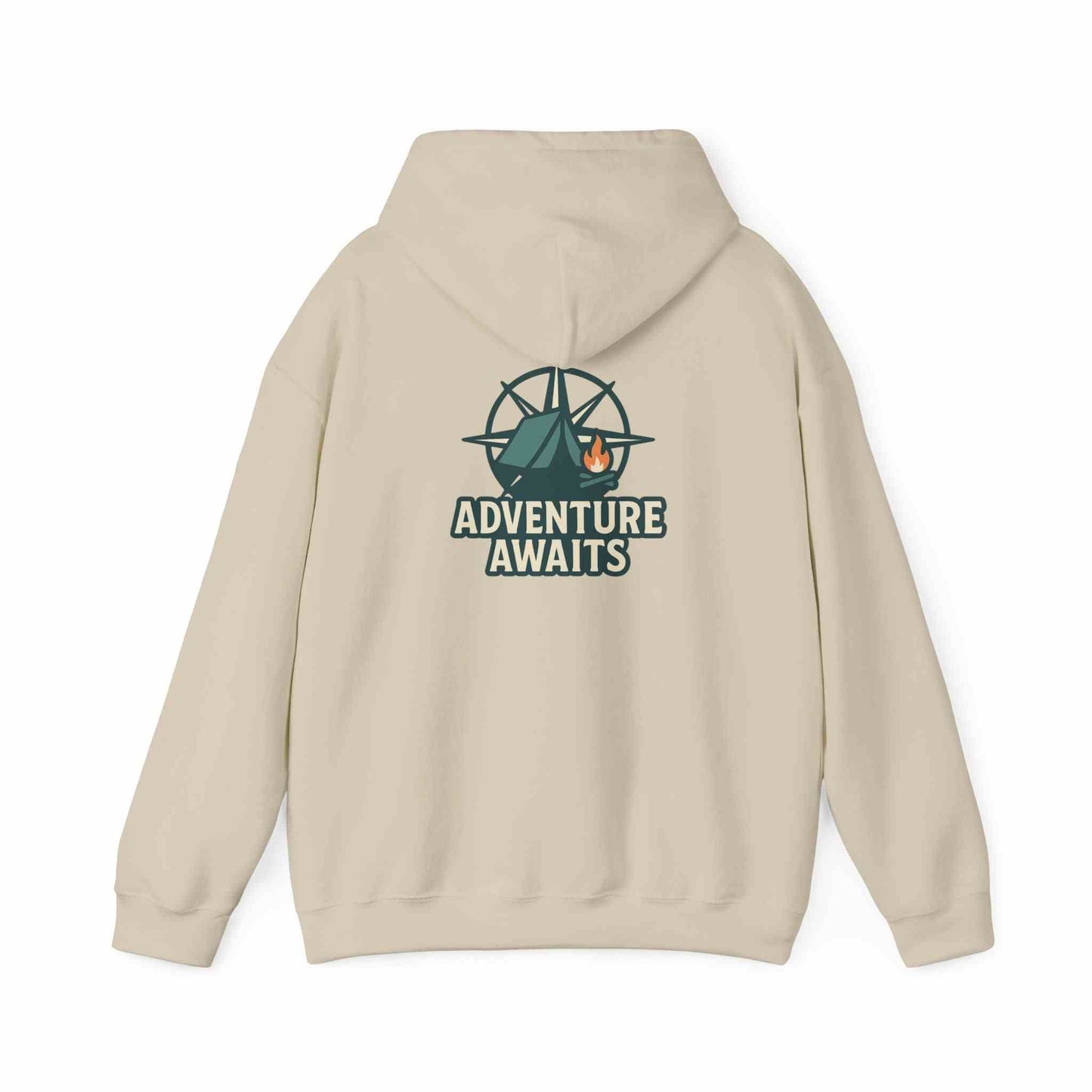 Beige unisex hoodie with "Adventure Awaits" camping graphic on back, casual travel and outdoor wear
