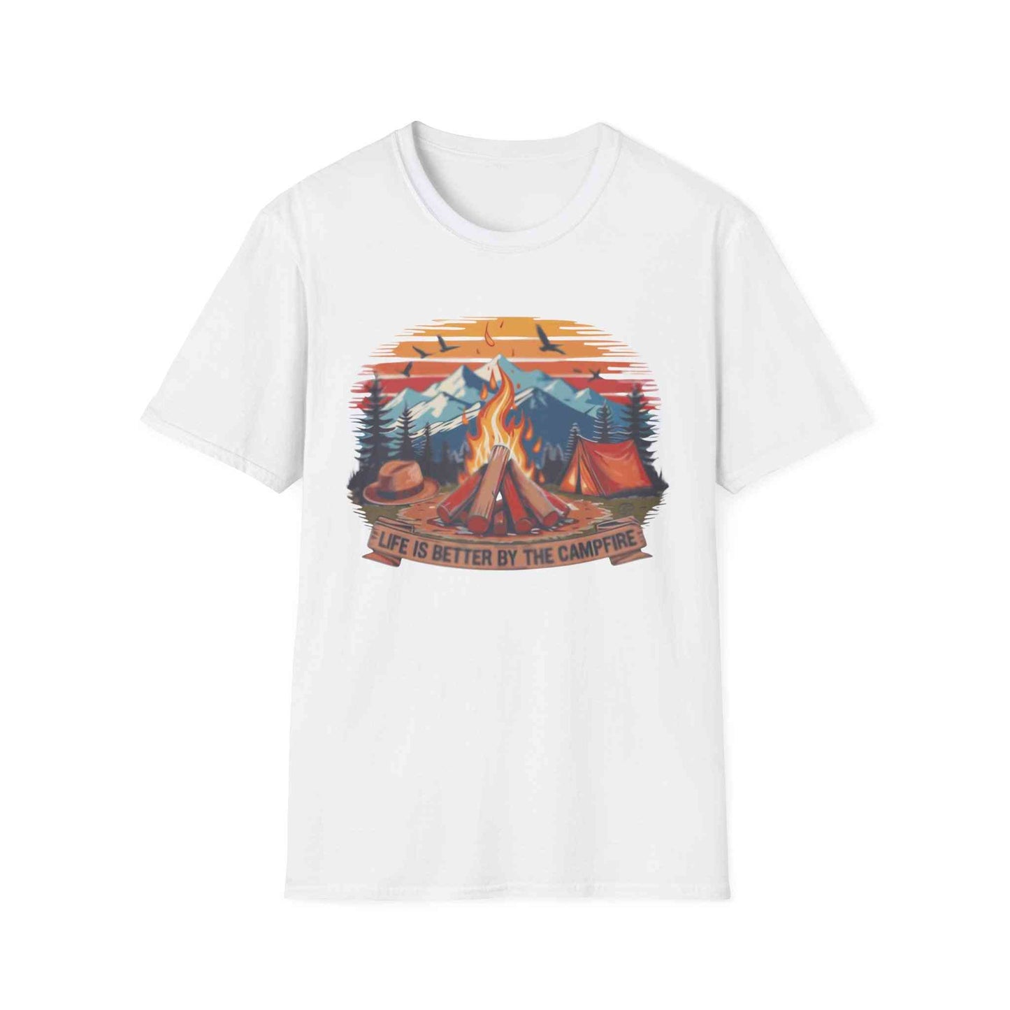 Campfire Vibes Unisex Softstyle T-Shirt with campfire and mountain design, outdoor lovers tee