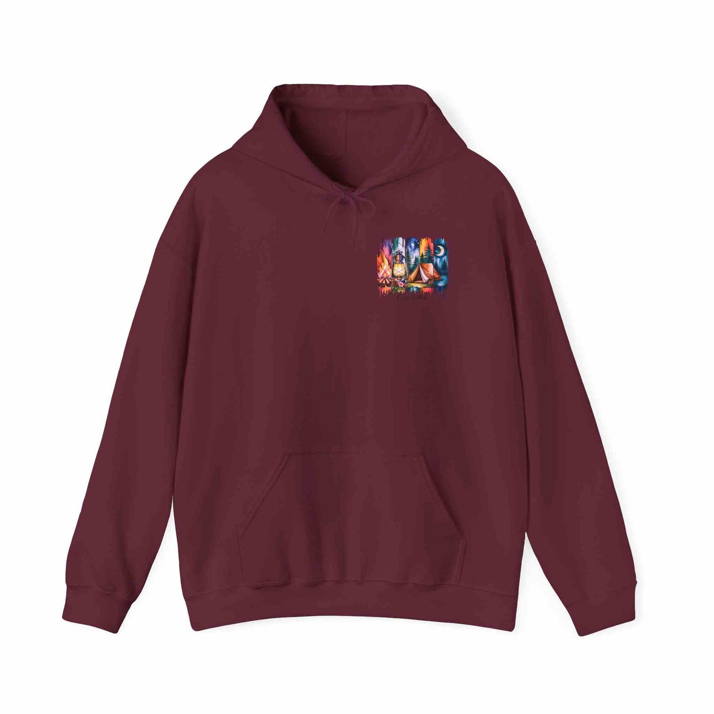 Cozy maroon unisex camping hoodie with campfire graphic and heavy blend fabric