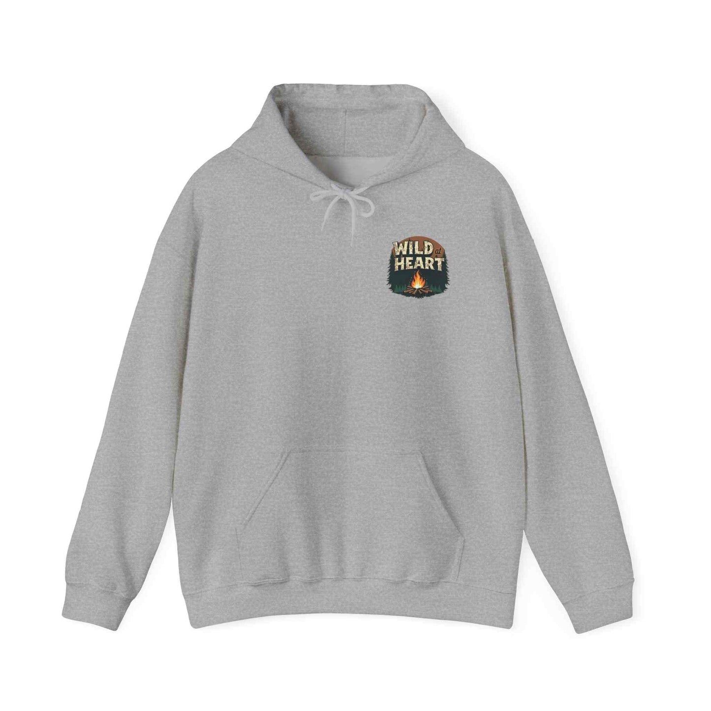 Grey Wild Heart Unisex Hoodie with front pocket and camping logo, cozy and versatile outdoor sweatshirt