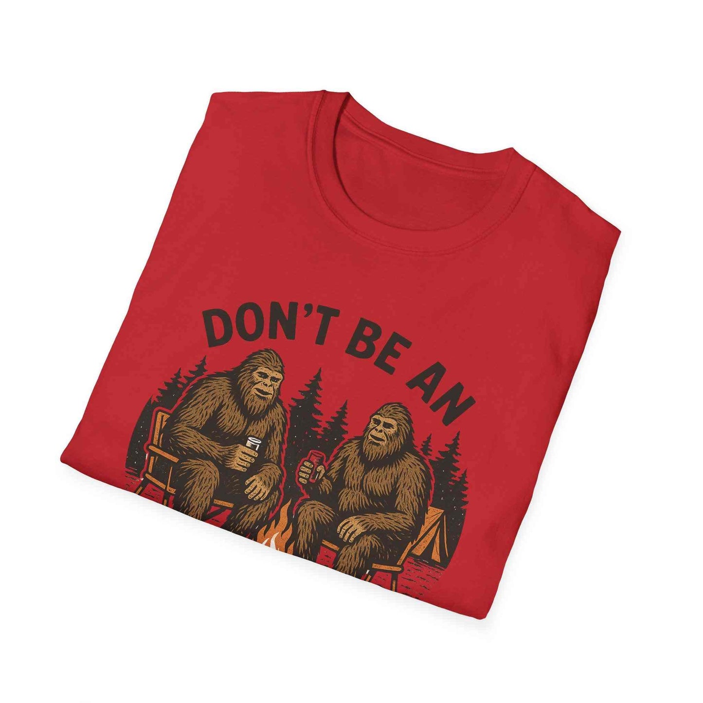 Funny Sasquatch Camping T-Shirt with playful Bigfoot graphic on red unisex cotton tee for outdoor lovers