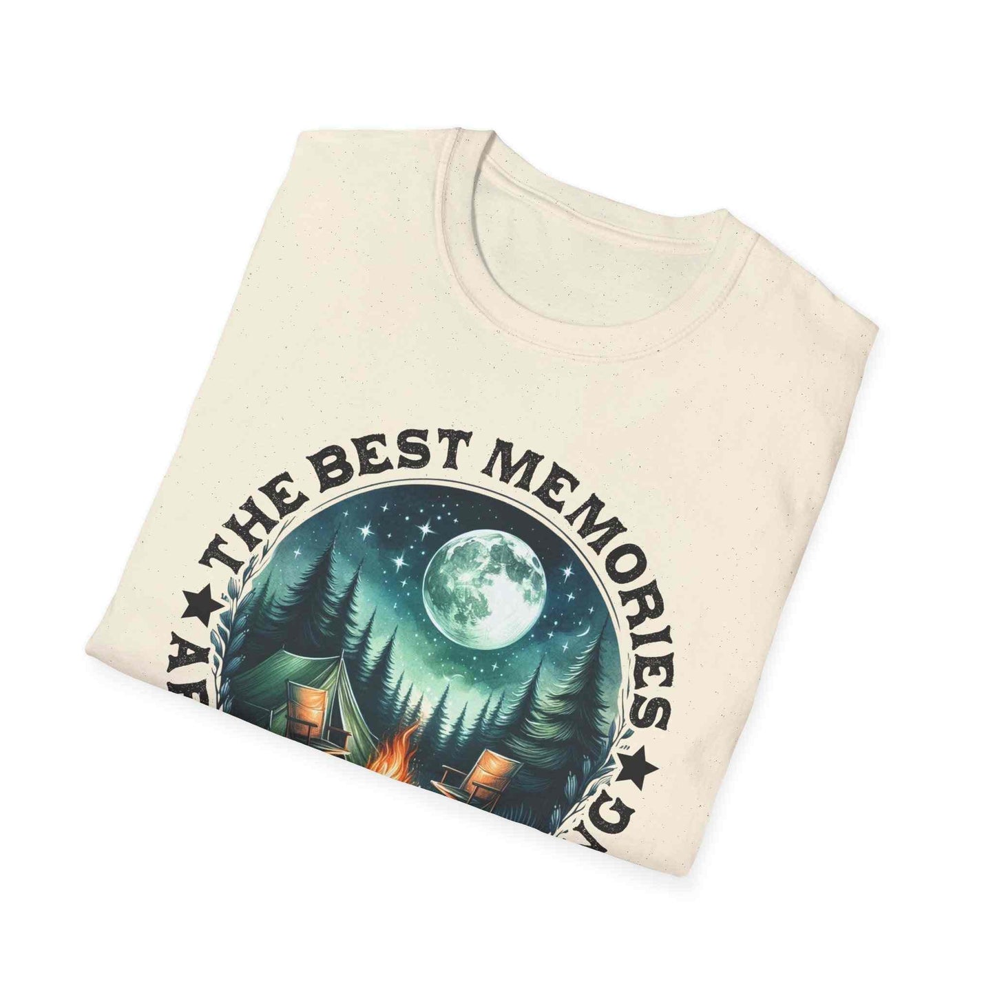 Camping Memories Unisex Softstyle T-Shirt with outdoor camping design and moonlit forest scene