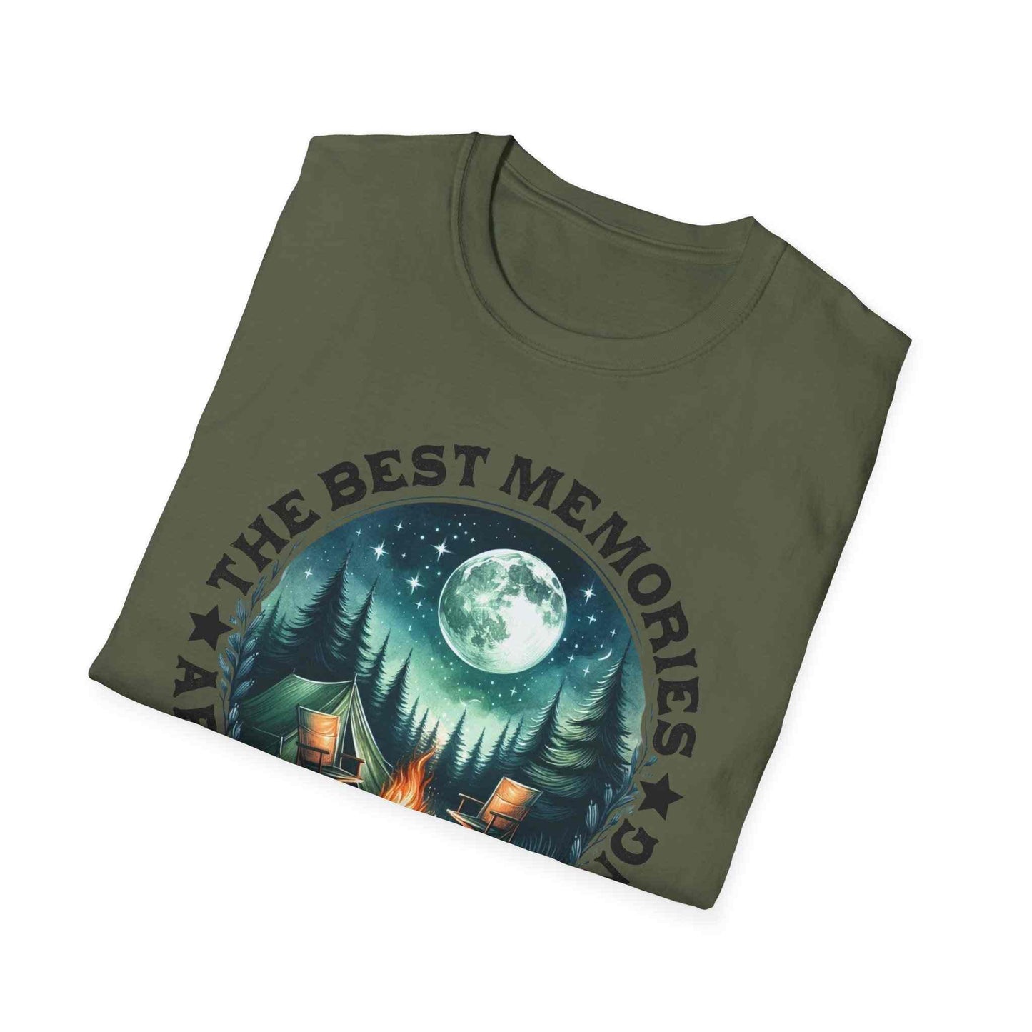 Camping Memories Unisex Softstyle T-Shirt with outdoor camping design, breathable and lightweight tee for nature lovers