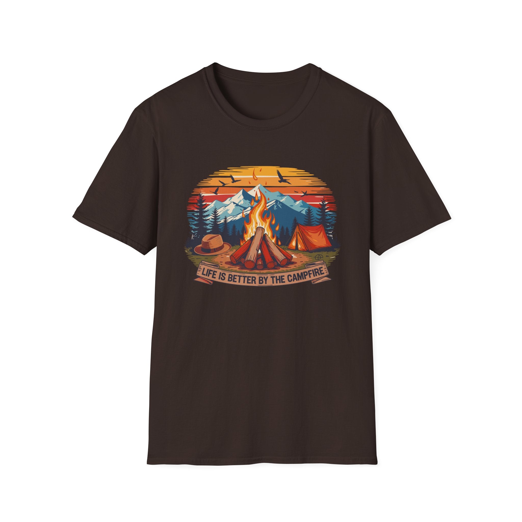 Campfire Vibes Unisex Softstyle T-Shirt, Outdoor Lovers Tee, Adventure Gift, Camping Apparel, Summer Festivals, Nature Enthusiast