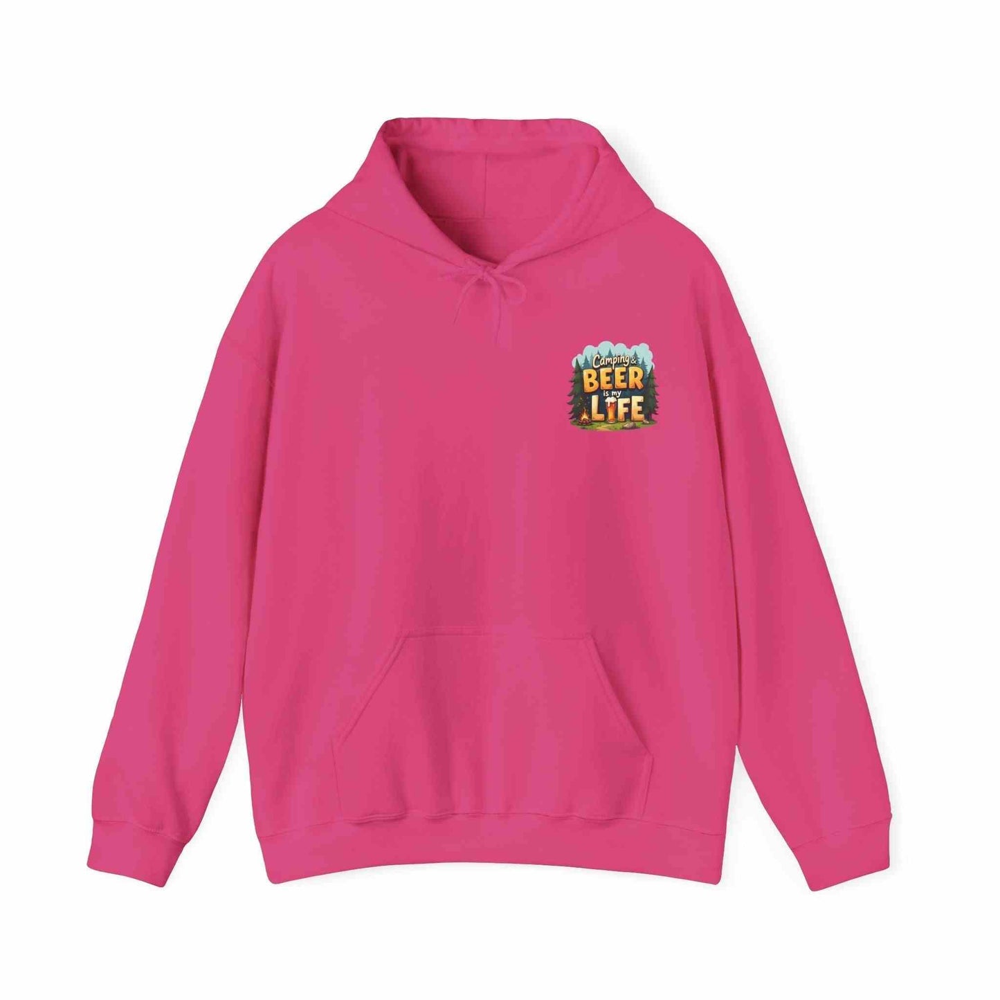 Unisex pink Beer Life Camping Hoodie with kangaroo pocket and adjustable hood, ideal for outdoor wear and beer lovers