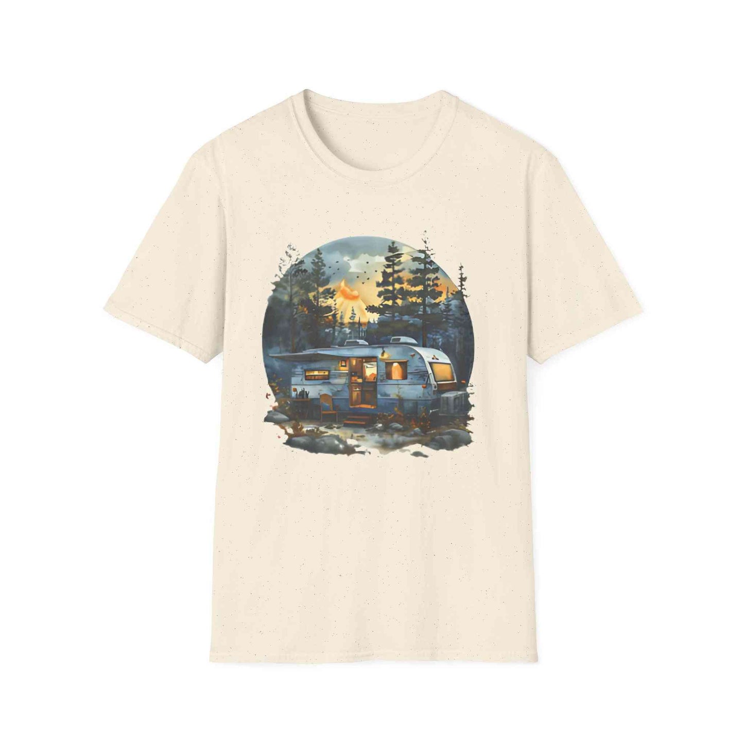 Cozy Camper Unisex softstyle t-shirt featuring a vintage camper design against a forest and lake background