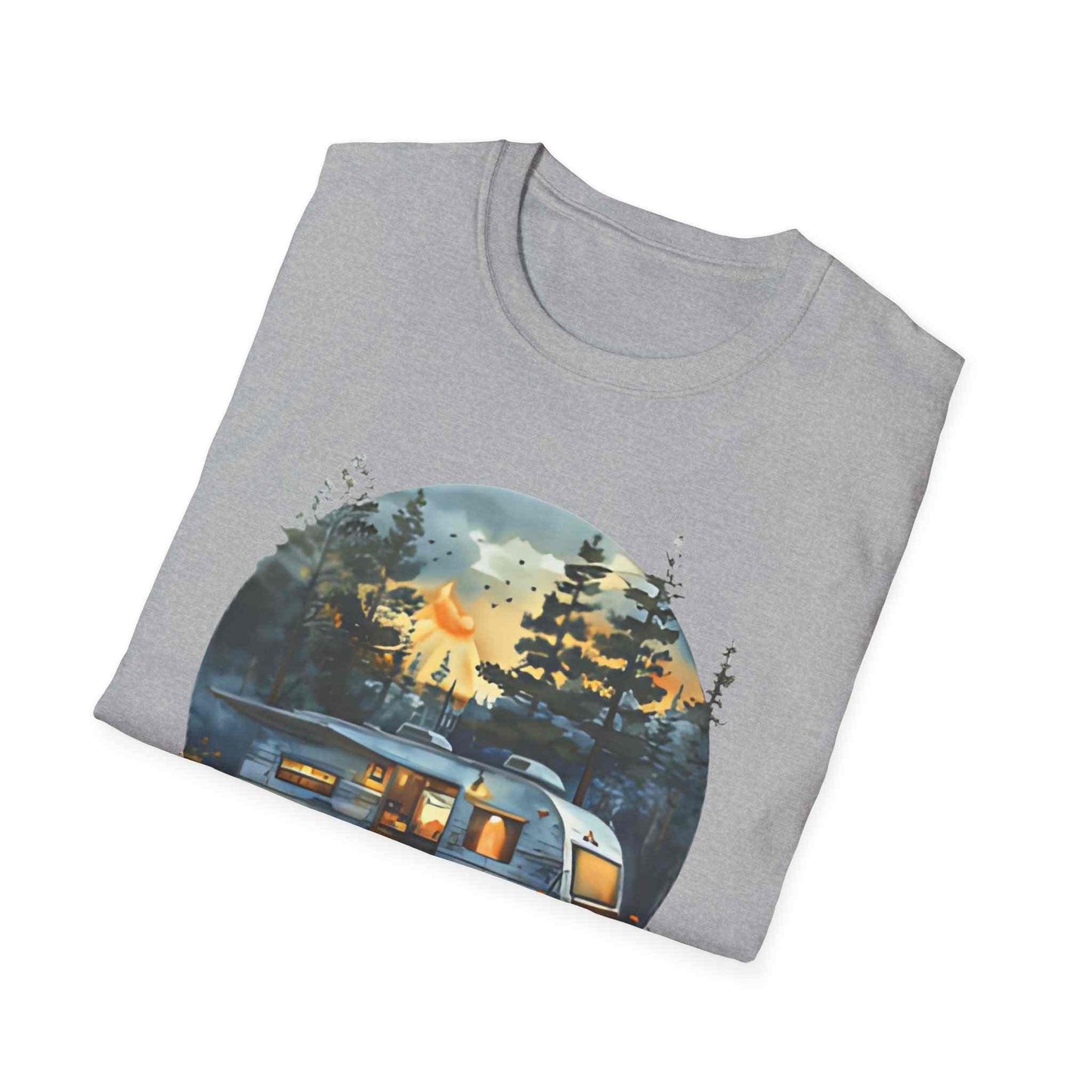 Cozy Camper Unisex Softstyle T-Shirt with scenic camper and forest design on gray fabric