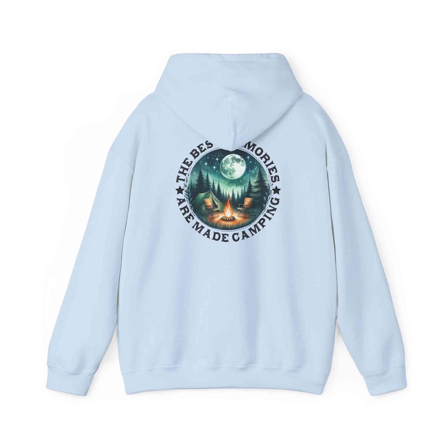 Light blue cozy unisex hoodie with camping adventure sweatshirt graphic and "The best memories are made camping" text on back