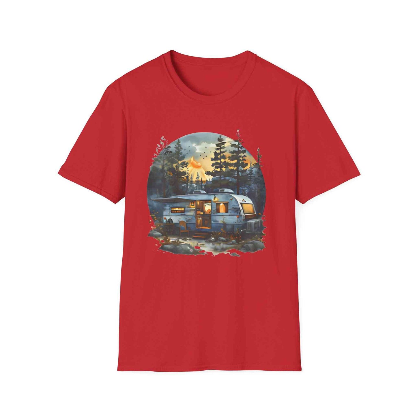 Cozy Camper Unisex softstyle red t-shirt with camping trailer and nature scene graphic