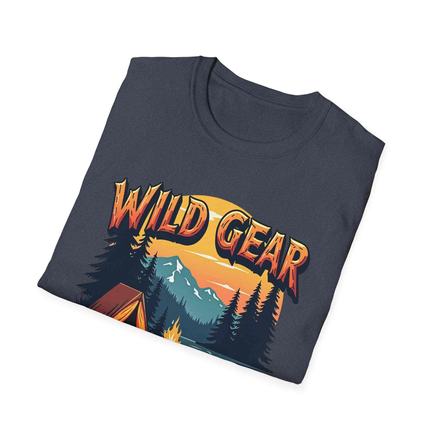 Wild Gear Camping T-Shirt with mountain, tent, and forest graphic for outdoor enthusiasts