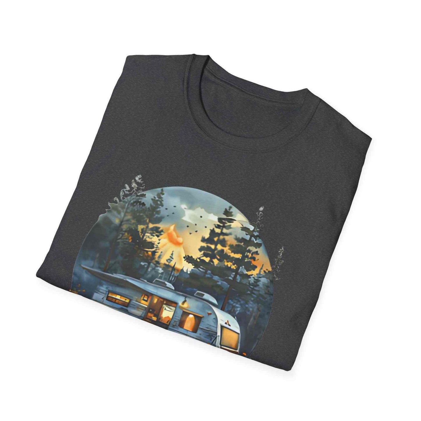 Cozy Camper Unisex Softstyle T-Shirt with camping trailer and forest design on charcoal gray fabric