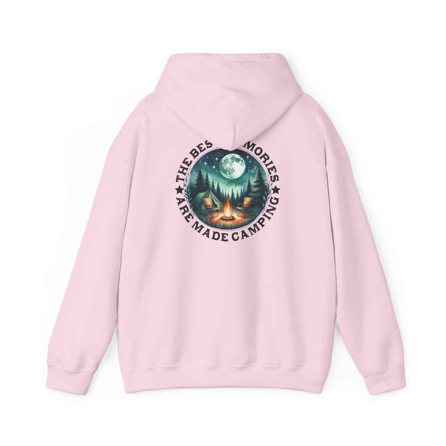pink cozy unisex camping adventure sweatshirt with back graphic of night campfire and trees under full moon