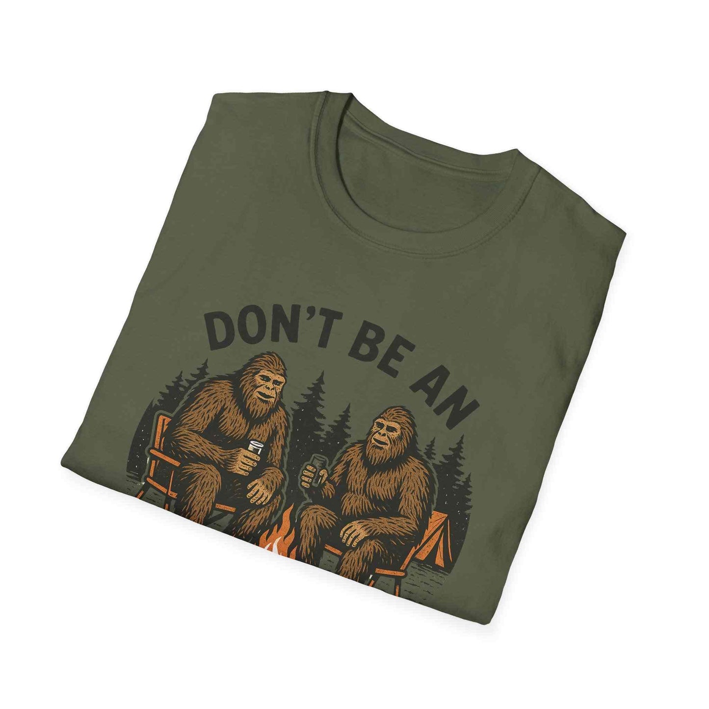 Funny Sasquatch Camping T-Shirt with humorous Bigfoot design on olive green unisex tee