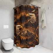 Patriotic Bald Eagle Shower Curtain — Rustic Mountain Compass Forest Bath Decor