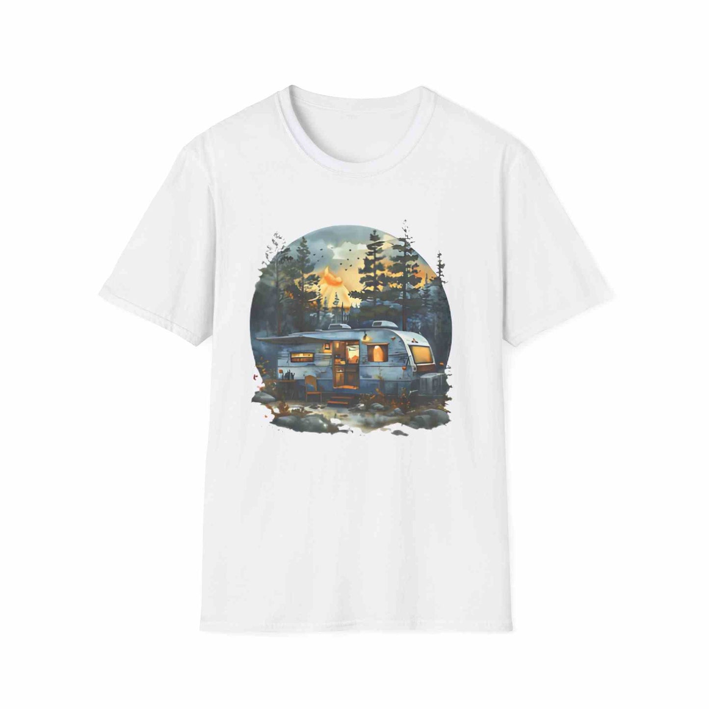 Cozy Camper Unisex Softstyle T-Shirt with camper and forest design on white fabric