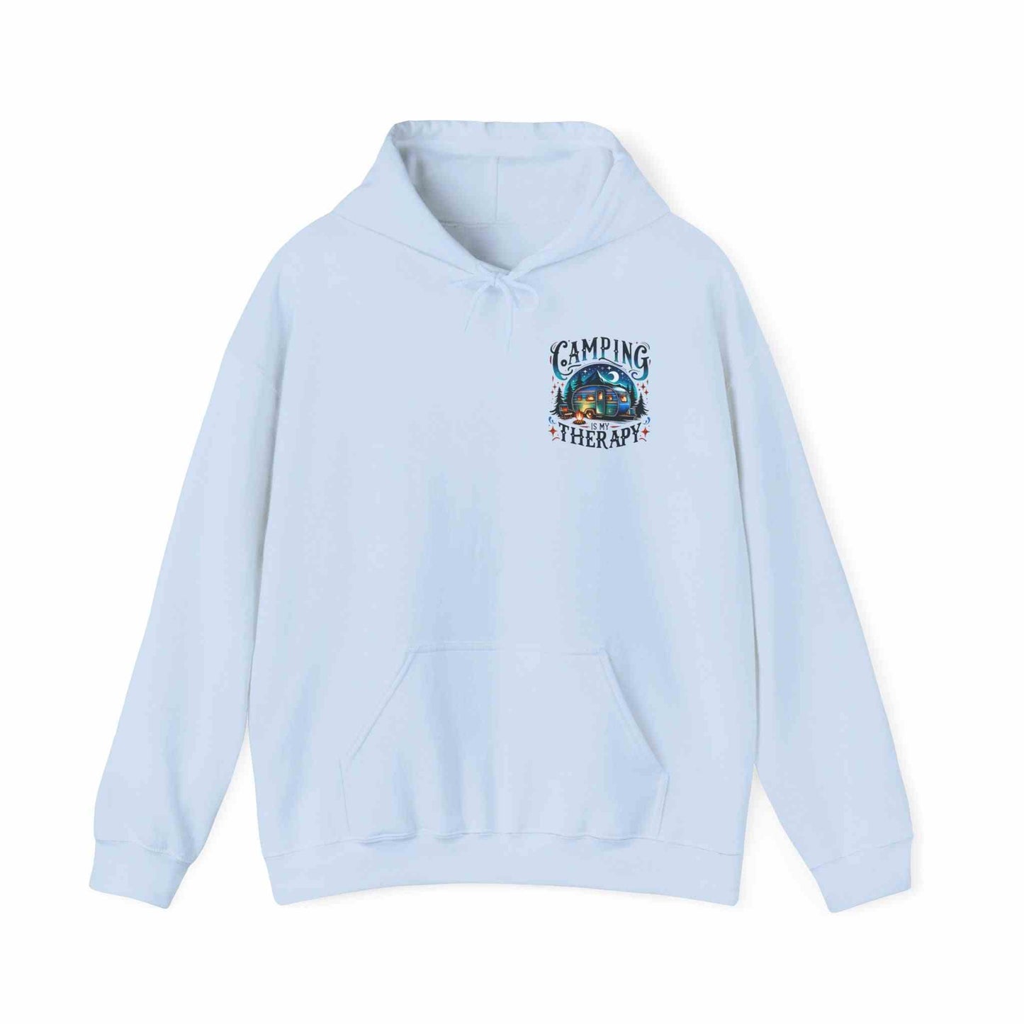 Light blue Camping Therapy Sweatshirt with cozy hood and front pocket featuring outdoor-themed graphic logo