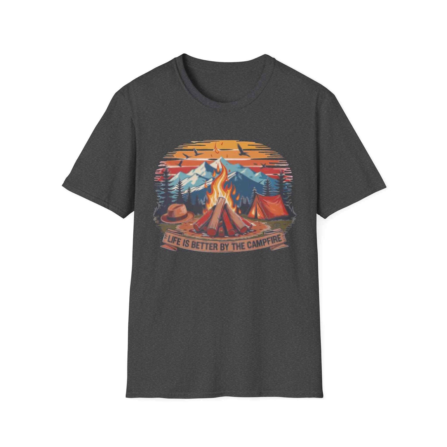 Campfire Vibes Unisex Softstyle T-Shirt with outdoor campfire and mountain design, perfect for nature lovers and campers